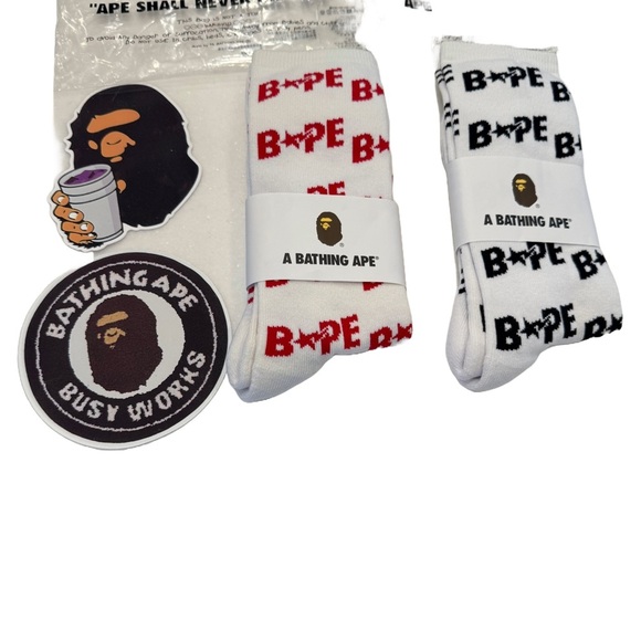 Bape A Bathing Ape Set Of 2 Pairs Of Socks & 2 Bathing Ape Stickers NEW - Picture 1 of 9